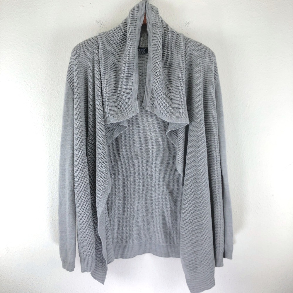 Soft Girl Old Money XL Gray Waffle Knit Open Front Draped Shawl Cardigan Sweater